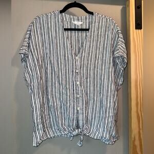 Time and Tru Dark Navy Gray White Striped Tie Front Shirt Womens XL